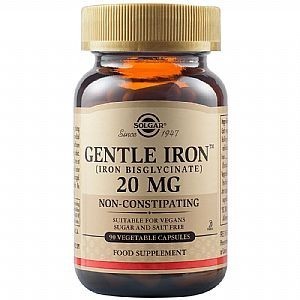 SOLGAR Gentle Iron (Iron Bisglycinate) 20 mg 90 Vegetable Capsules 